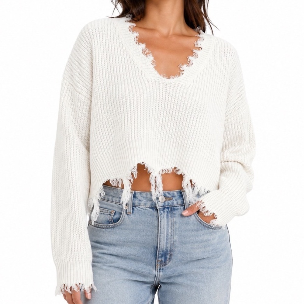 Goodnight Macaroon Cropped White Distressed Knit Fringed Sweater Large Grunge